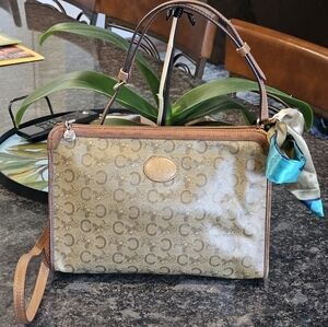 Céline "C" Monogram Horse & Carraige Coated Canvas Clutch w/Strap & Twilly Added